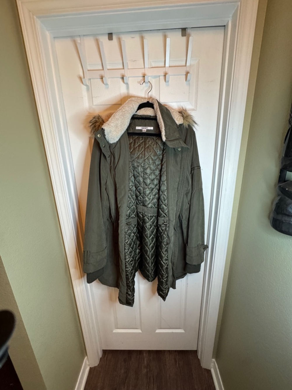 DKNY Olive Green Hooded Parka with Sherpa Trim